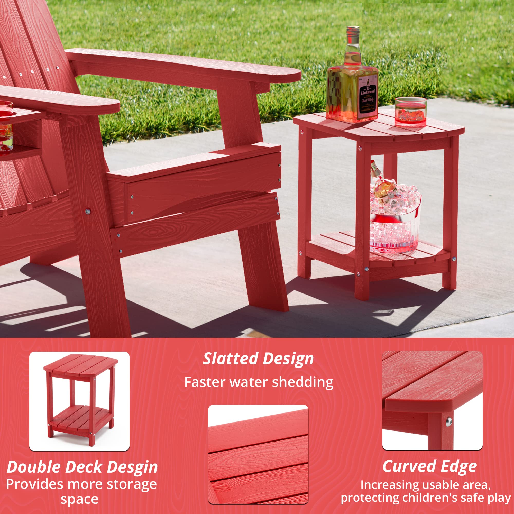 LUE BONA Adirondack Outdoor Side Table, Bright Red HDPS Outdoor Patio End Table Weather Resistant, Pool Composite Plastic Morden Side Table for Patio, Pool, Porch, Garden, Lawn