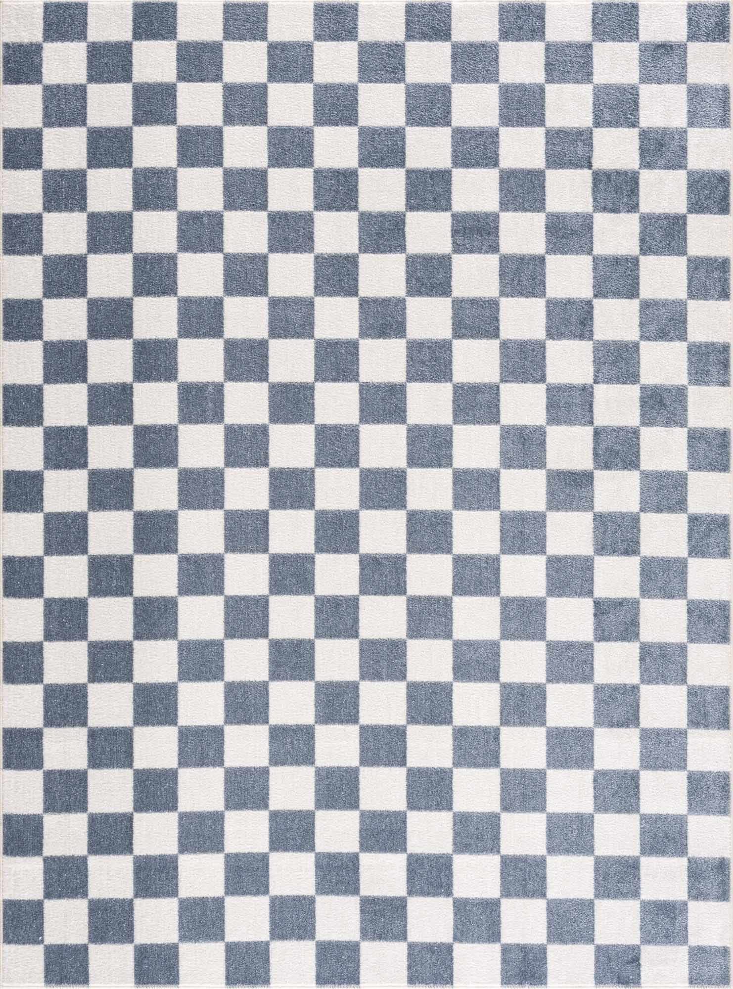 Hauteloom Brone Contemporary Checkered Area Rug - Modern Geometric Bordered Carpet for Living Room, Bedroom, Dining Room - Checkboard Design - Square Tiles - Blue, Ivory - 5'3" x 7'