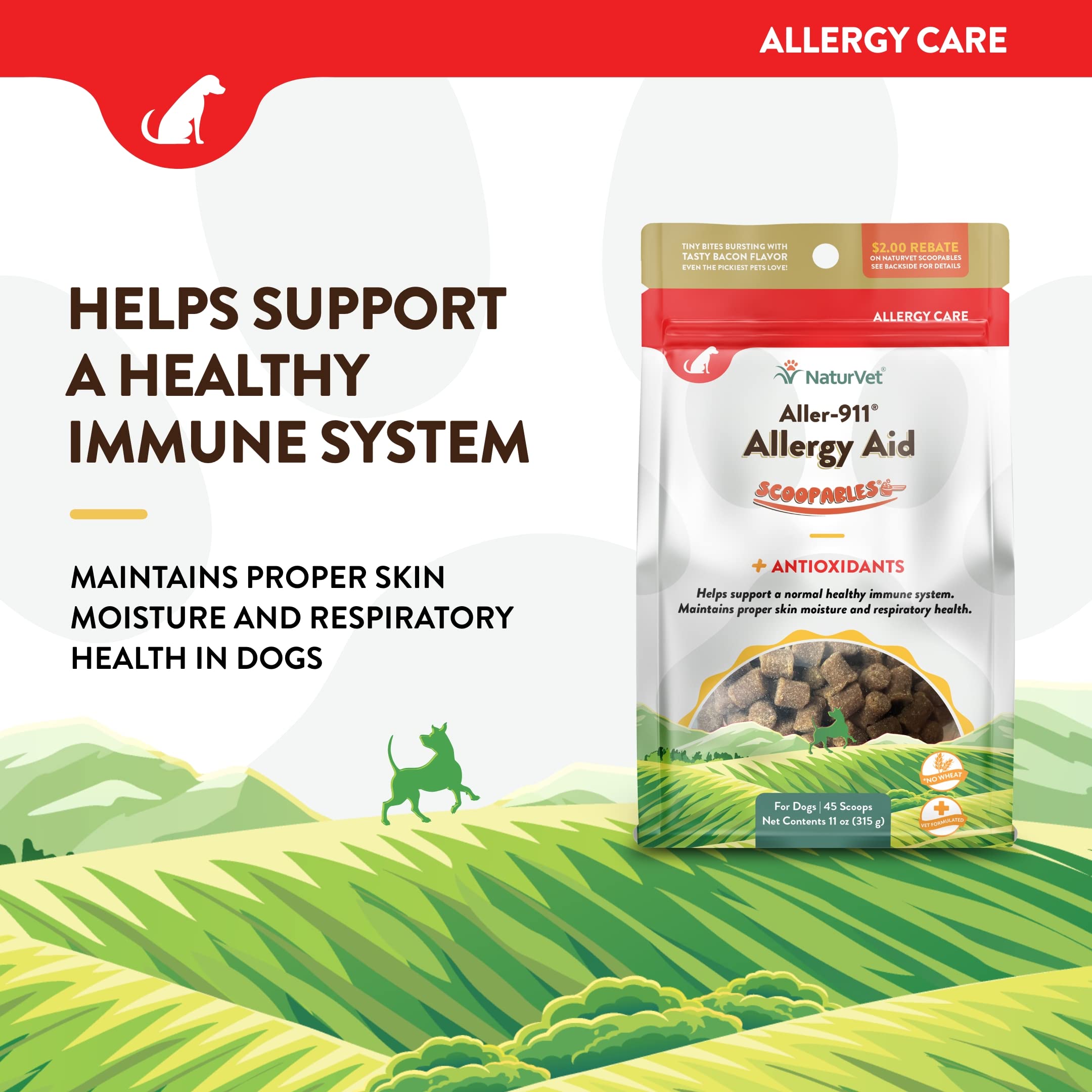 NaturVet Scoopables Aller-911 Dog Allergy Support Vitamins - Supports Immunity & Seasonal Allergies in Dogs - Hickory Smoked Bacon Flavored Pet Health Supplement | 11oz Bag