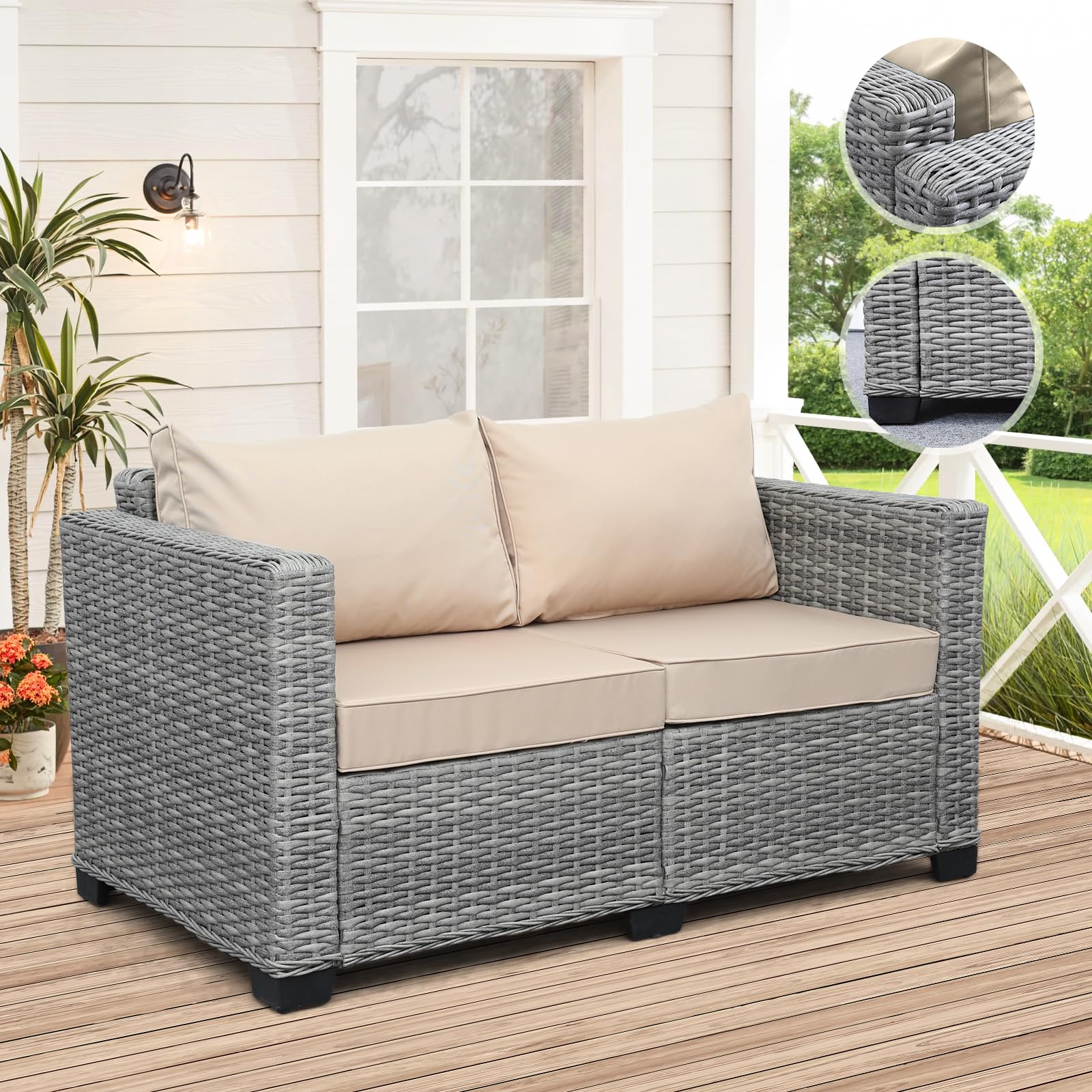 Rattaner Outdoor Furniture Loveseat Sofa Balcony Furniture Outdoor Loveseat 2 Seater Couch Small Sofa with Anti-Slip Outdoor Cushion Lumbar Pillow and Furniture Cover, Grey