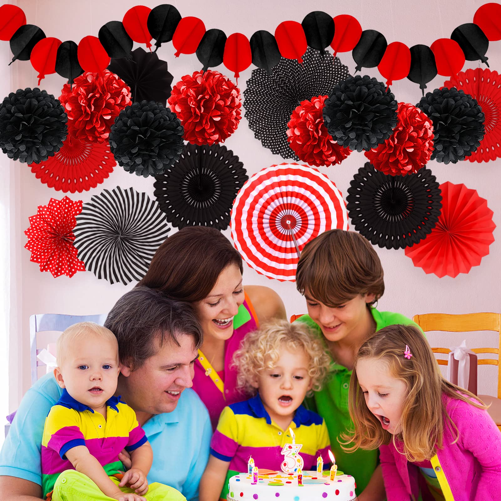 Recosis Red and Black Party Decorations, Papar Fans Pompoms Fans Garlands for Birthday Wedding Graduation Game Night Boy Girl Party Decorations