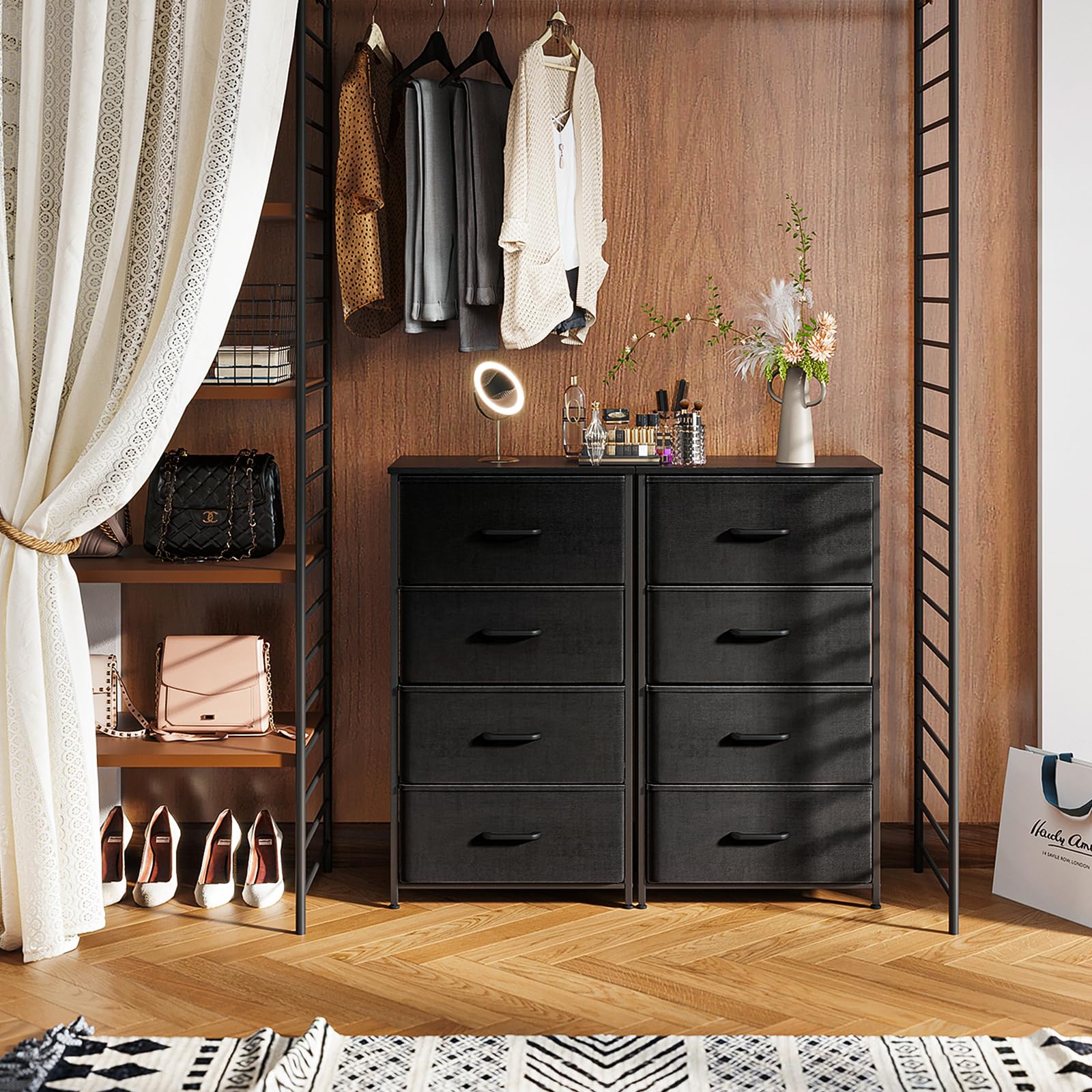 ODK Dresser for Bedroom with 4 Storage Drawers, Small Dresser Chest of Drawers Fabric Dresser with Sturdy Steel Frame, Dresser for Closet with Wood Top, Black