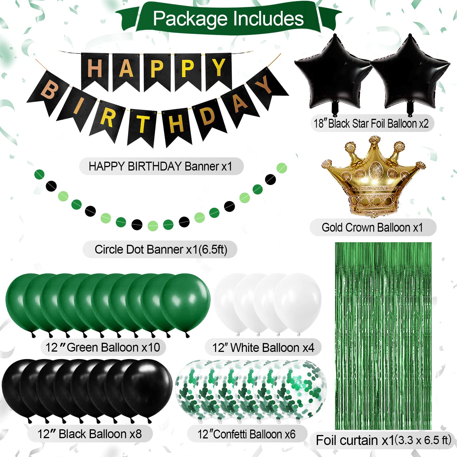 Birthday Decorations for Men Green and Black Party Decorations for Boy Happy Birthday Banner Fringe Curtains Confetti Latex Balloon Foil Balloon Party Supplies