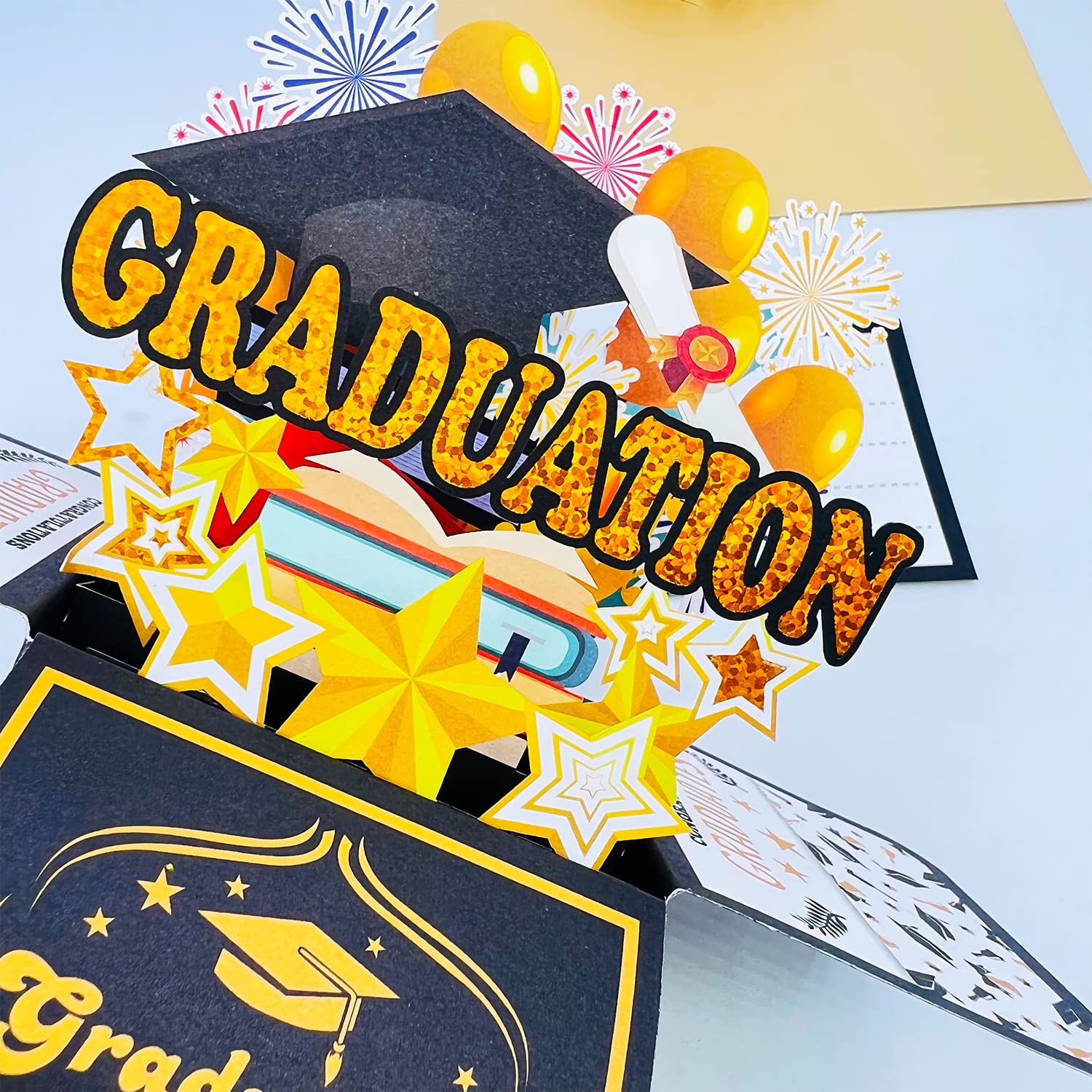 Seasons Stars SSDecor Glittery 3D Graduation Pop Up Card with Envelope - Perfect Congratulation Grad Card for 2024 Graduation, Graduation Party Supplies, High School and College Graduates