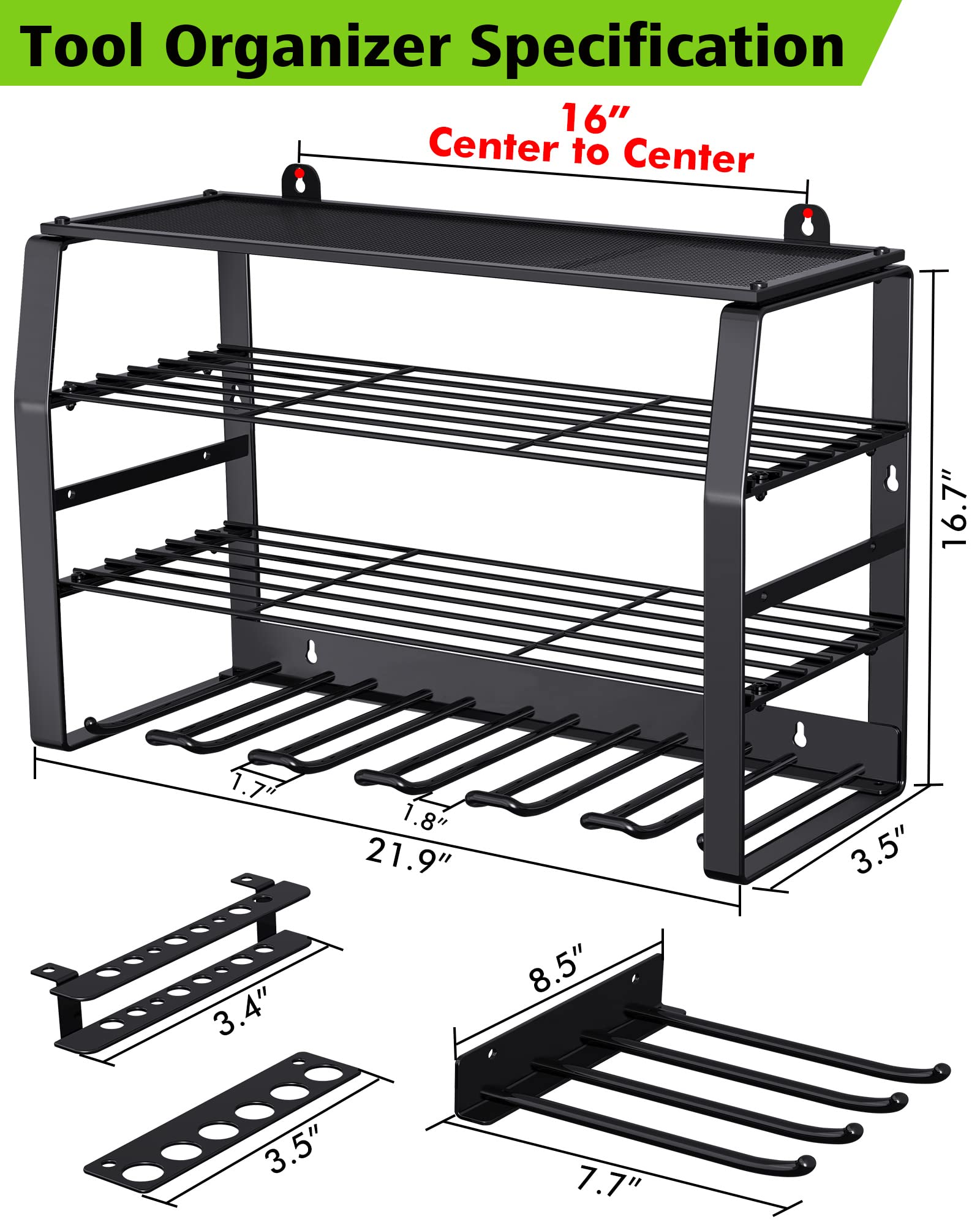 Kayfia Power Tool Organizer-10 Drill Holders Wall Mount Removable Design Cordless Drill 4 Layer Heavy Duty Tool Organizers Storage Garage Utility Racks with Screwdriver/Plier Holder