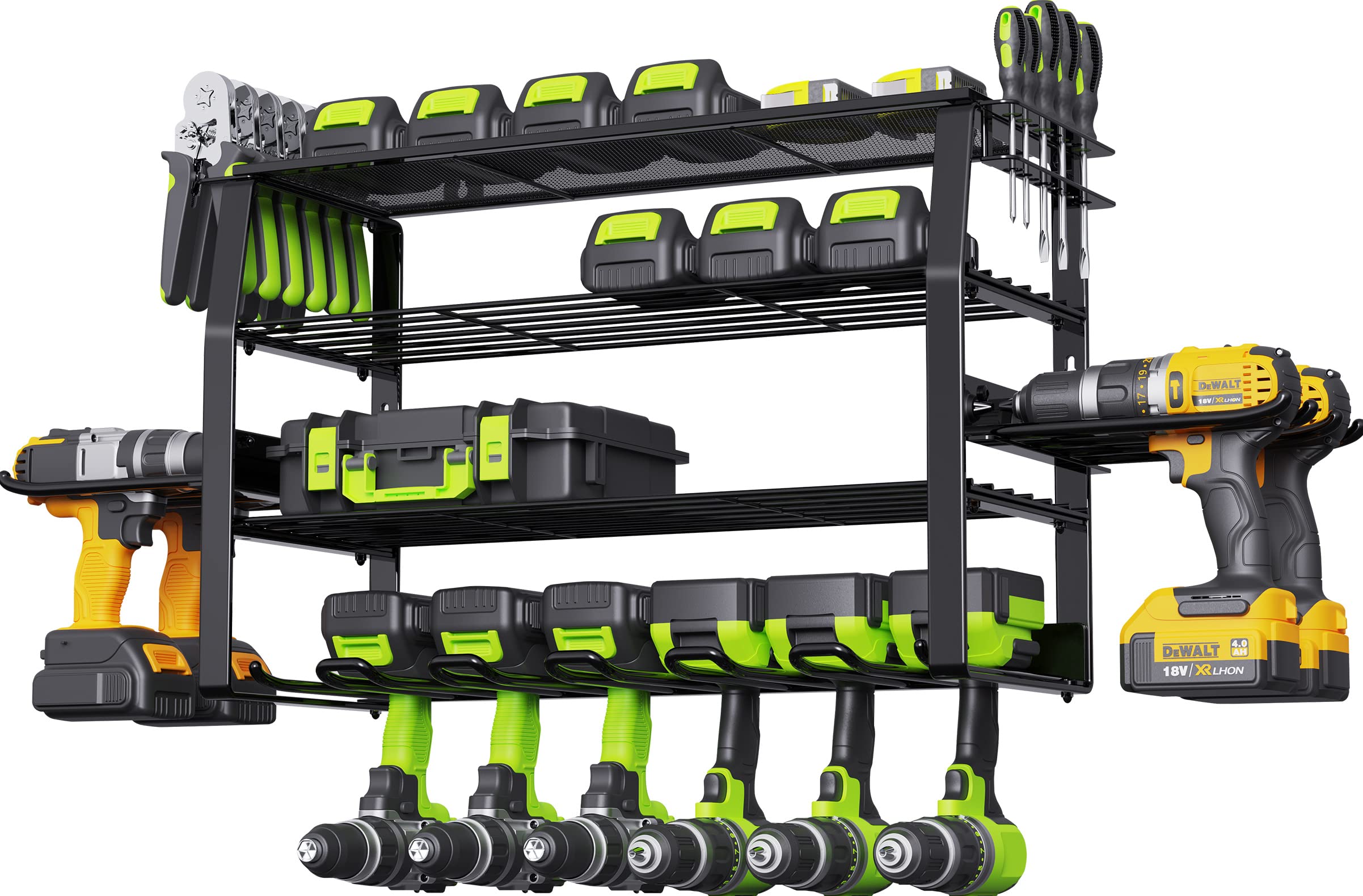 Kayfia Power Tool Organizer-10 Drill Holders Wall Mount Removable Design Cordless Drill 4 Layer Heavy Duty Tool Organizers Storage Garage Utility Racks with Screwdriver/Plier Holder