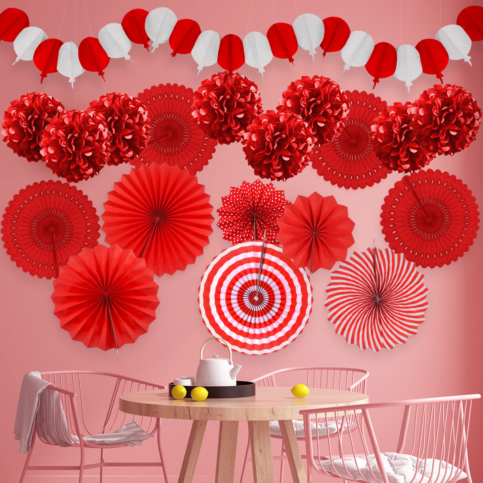 Recosis Red Party Decorations, Papar Fans Pompoms Fans Garlands for Birthday Bridal Baby Shower Wedding Graduation New Years Valentine's Day Party Decorations