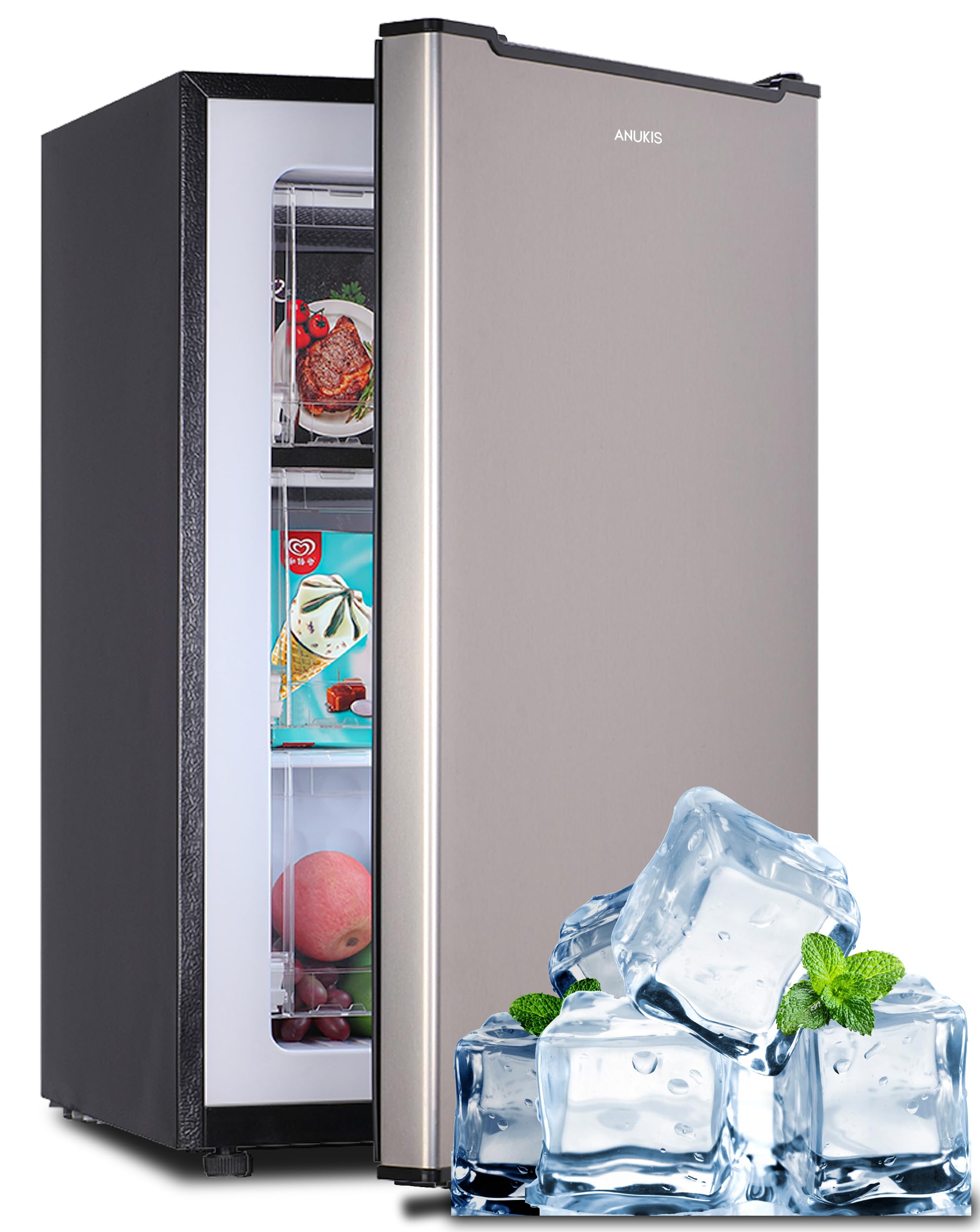 Anukis 3.0 Cu.ft Upright Freezer, Compact Mini and Small Freezers with Adjustable Temperature, Three Freeze Shelves For Home, Kitchen, Office, Silver