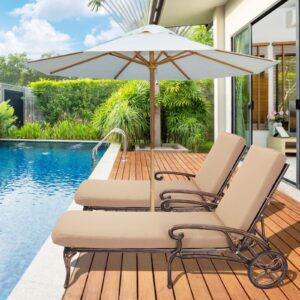 Grepatio Lounge Chairs for Outdoor, Patio Lounge Chaise Cast Aluminum Chairs with Cushion, Chaise Lounge Chair with Adjustable Backrest and Moveable Wheels for Pool Beach (Bronze Khaki Cushion*2)