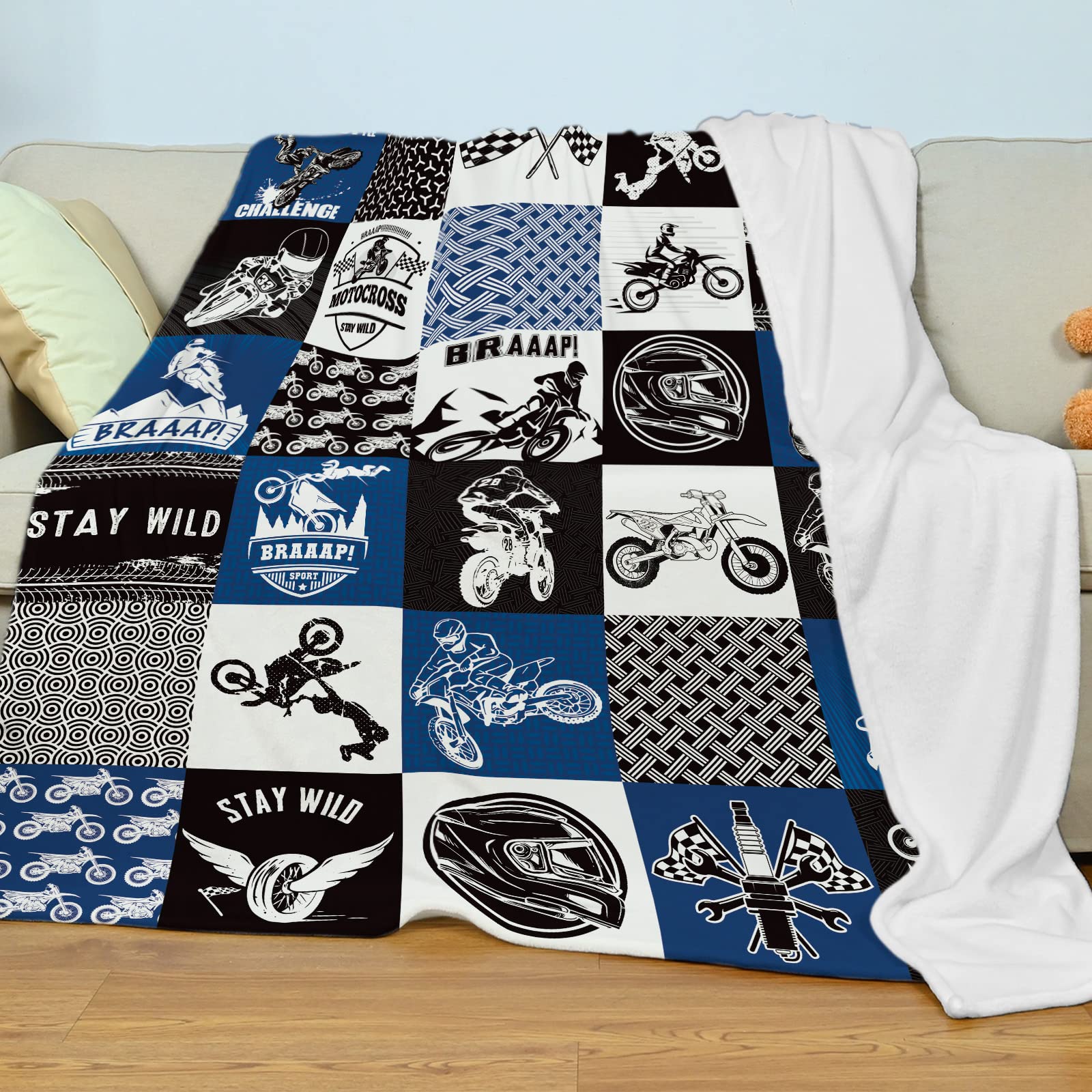 Motorcycle Blanket Throw, Motocross Rider Blanket for Boys Teens, Soft Cozy Plush Flannel Fleece Throw Blanket for Motorbike Lovers Gift, Fluffy Fuzzy Dirt Bike Blankets for Sofa Couch Bed, 50"x60"