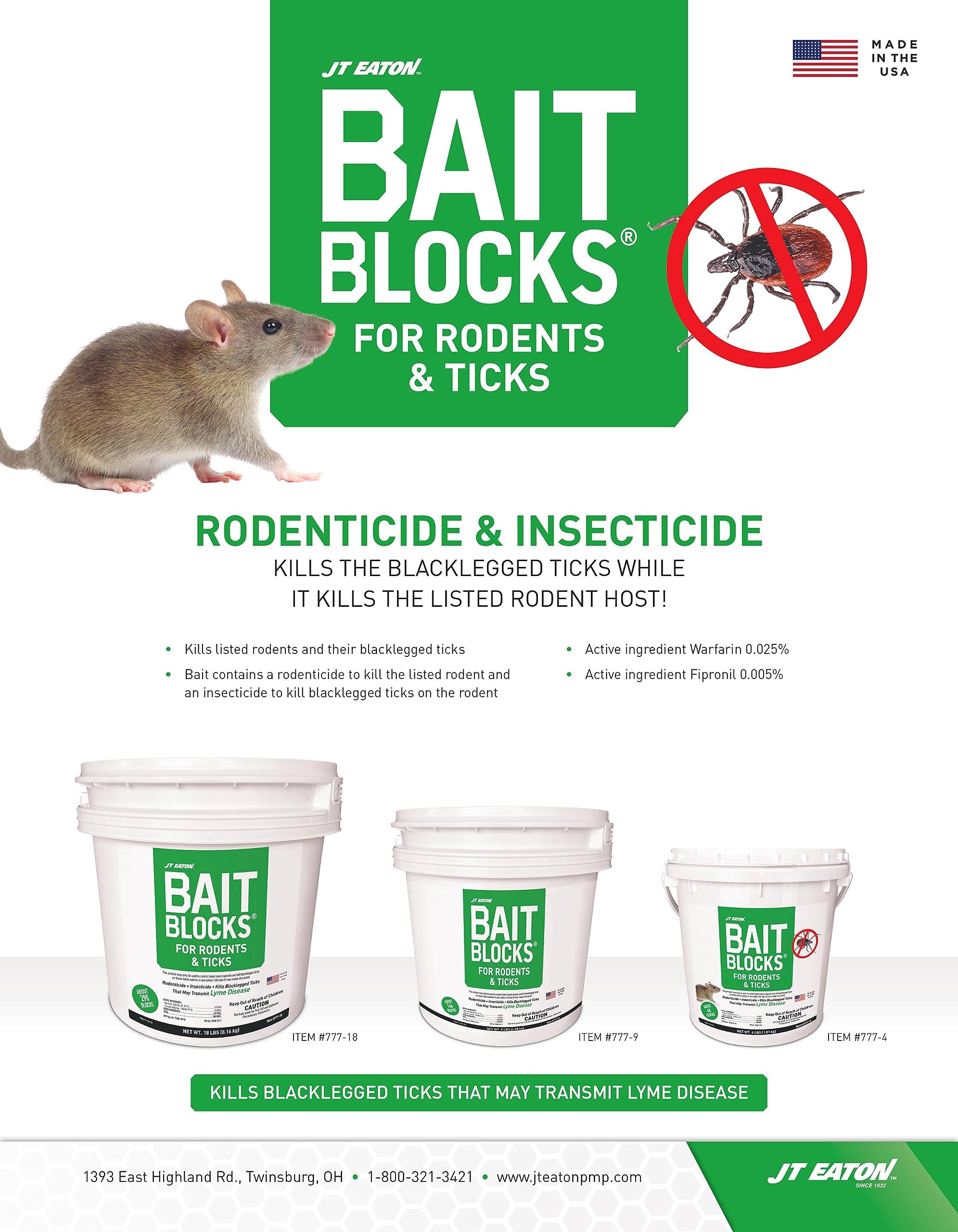 JT Eaton 777-4 Bait Block for Rodents and Ticks (4 lb Resealable Pail of 64)