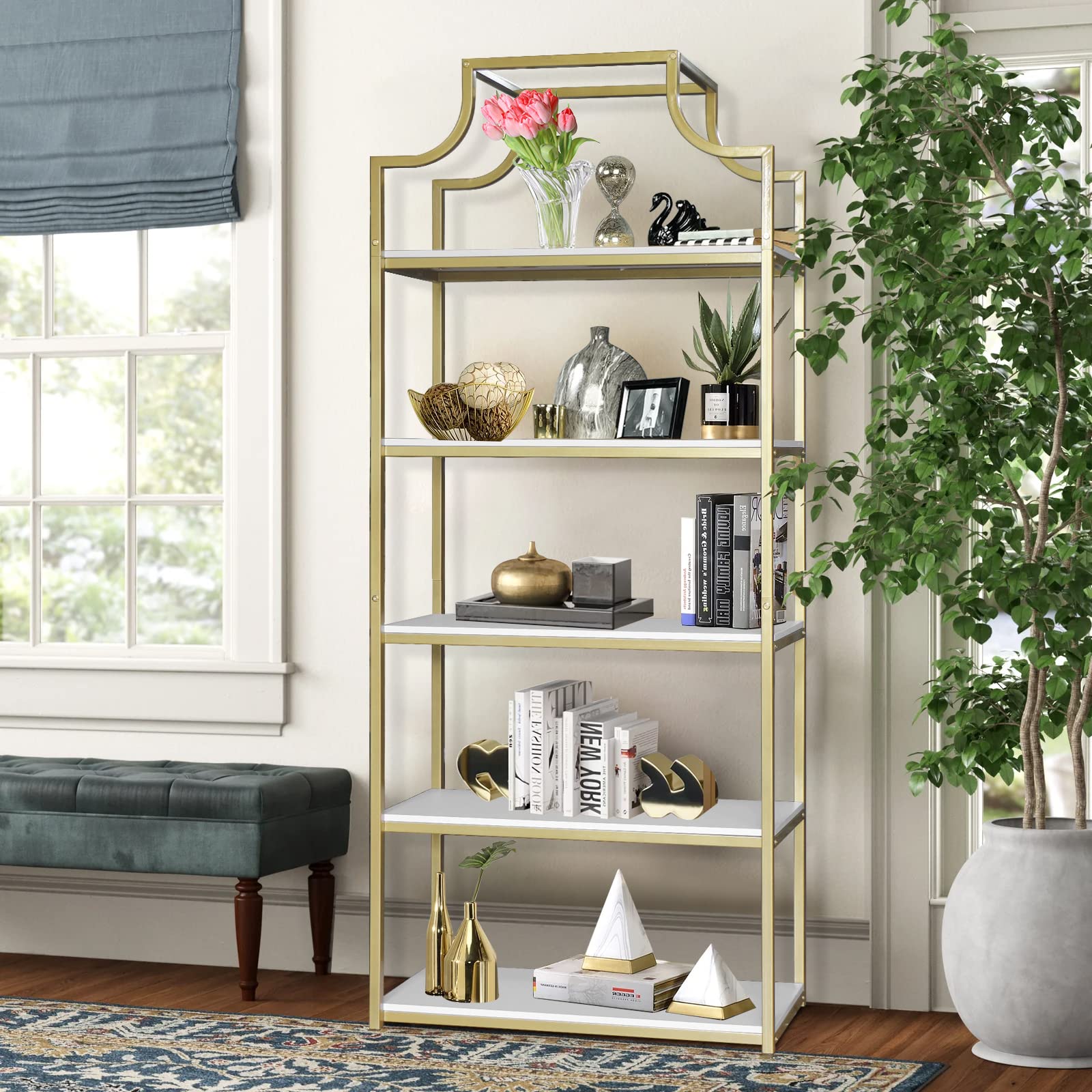 TooCust 5-Tier Gold Bookcase, 29.5" Lx70.6 H, Bookshelf for Bedroom,Gold Book Display Shelf, Arched Bookcase, Organizer Rack for Living Room, Gold Freestanding Display Shelf,White and Gold Bookshelf