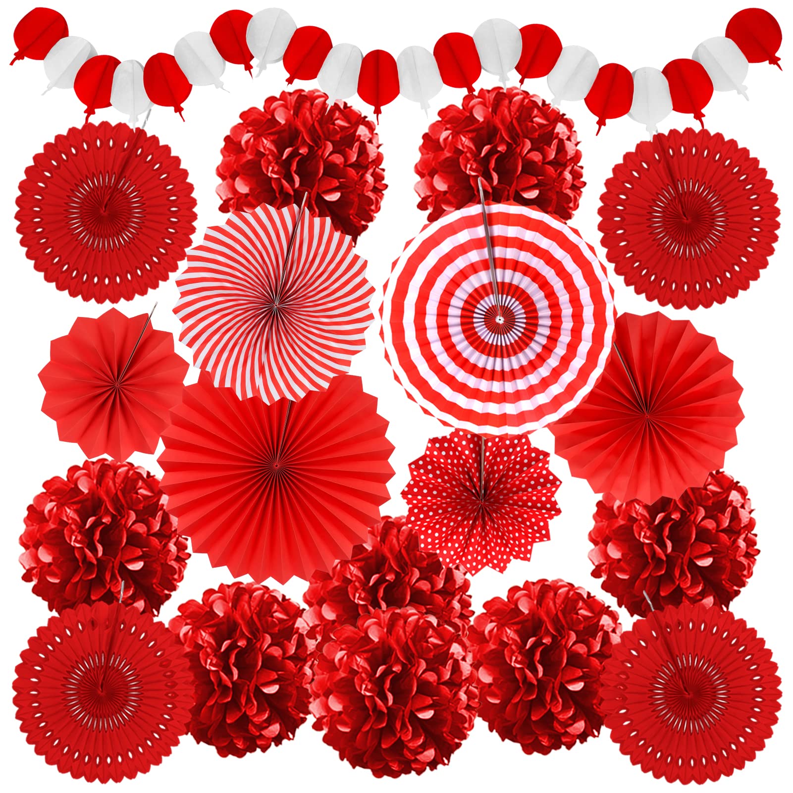 Recosis Red Party Decorations, Papar Fans Pompoms Fans Garlands for Birthday Bridal Baby Shower Wedding Graduation New Years Valentine's Day Party Decorations