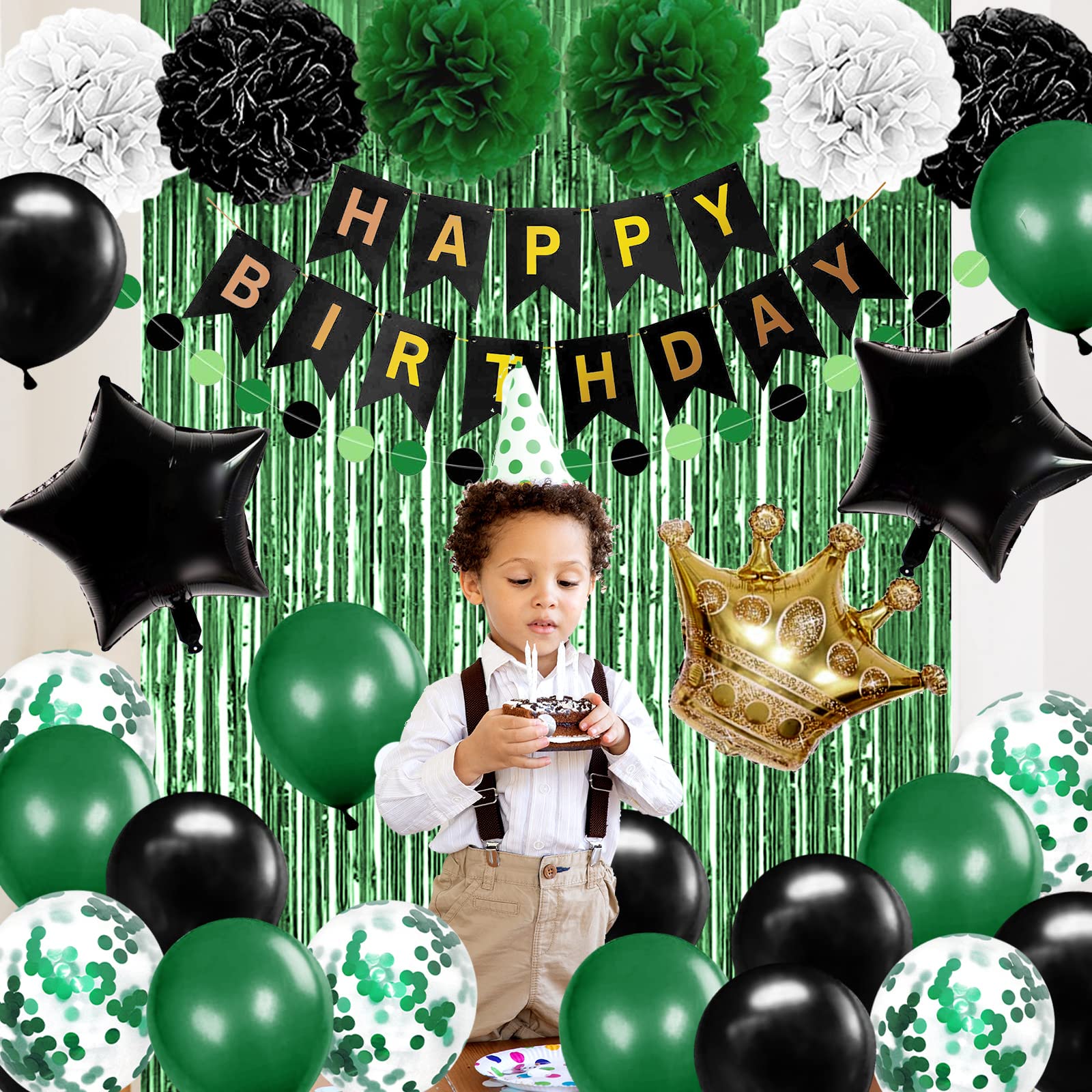 Birthday Decorations for Men Green and Black Party Decorations for Boy Happy Birthday Banner Fringe Curtains Confetti Latex Balloon Foil Balloon Party Supplies