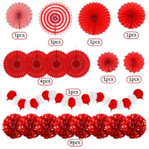 Recosis Red Party Decorations, Papar Fans Pompoms Fans Garlands for Birthday Bridal Baby Shower Wedding Graduation New Years Valentine's Day Party Decorations