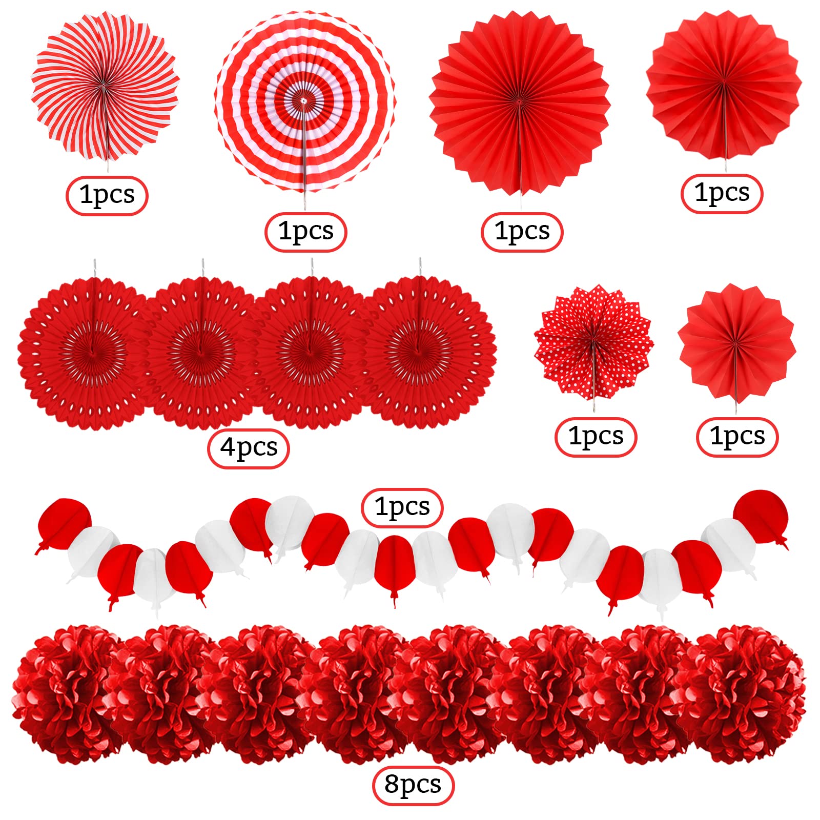 Recosis Red Party Decorations, Papar Fans Pompoms Fans Garlands for Birthday Bridal Baby Shower Wedding Graduation New Years Valentine's Day Party Decorations