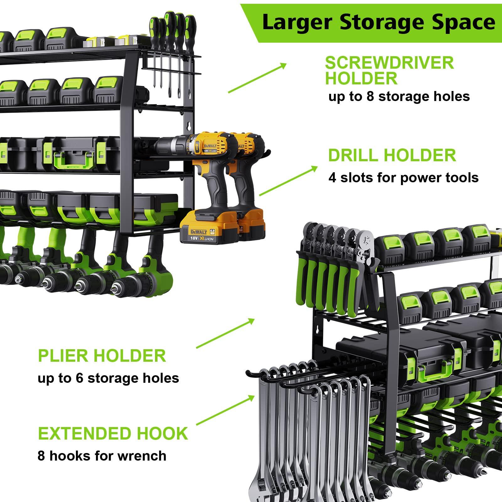 Kayfia Power Tool Organizer-10 Drill Holders Wall Mount Removable Design Cordless Drill 4 Layer Heavy Duty Tool Organizers Storage Garage Utility Racks with Screwdriver/Plier Holder