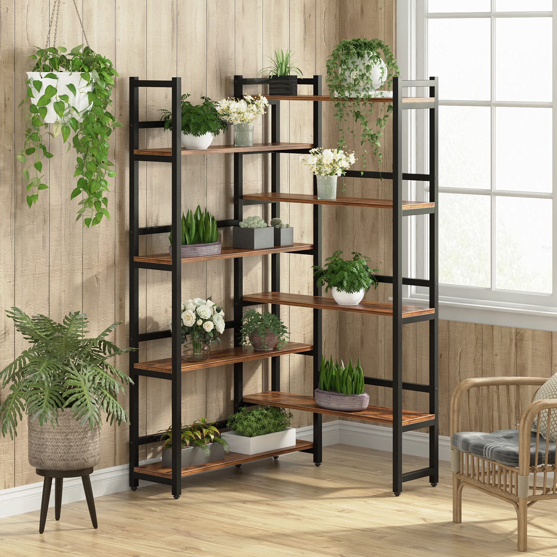 LITTLE TREE Corner Bookshelf 70.8” Tall Industrial Bookcase for Living Room Home Office