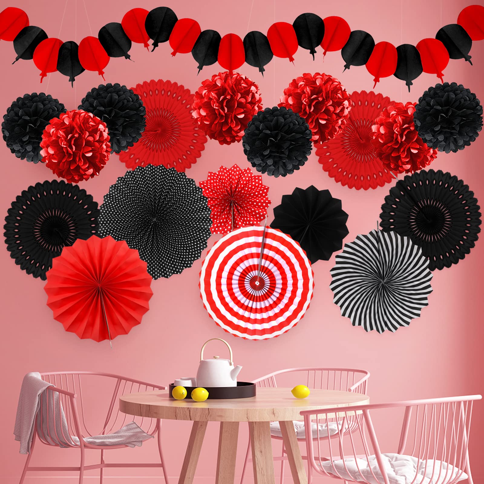 Recosis Red and Black Party Decorations, Papar Fans Pompoms Fans Garlands for Birthday Wedding Graduation Game Night Boy Girl Party Decorations