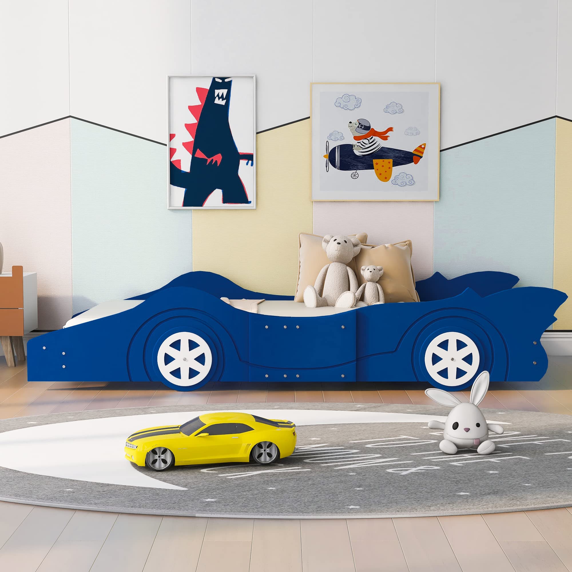 CITYLIGHT Twin Size Car Beds for Boys Race Car-Shaped Twin Bed Frame with Wheels Wooden Kids Car Twin Bed for Boys with Slat Support for Child's Bedroom (Twin,Blue)