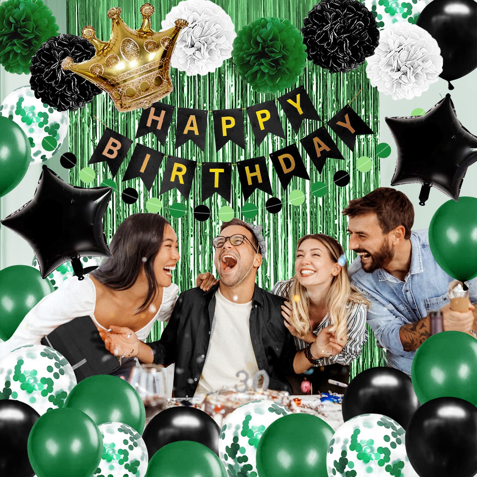 Birthday Decorations for Men Green and Black Party Decorations for Boy Happy Birthday Banner Fringe Curtains Confetti Latex Balloon Foil Balloon Party Supplies