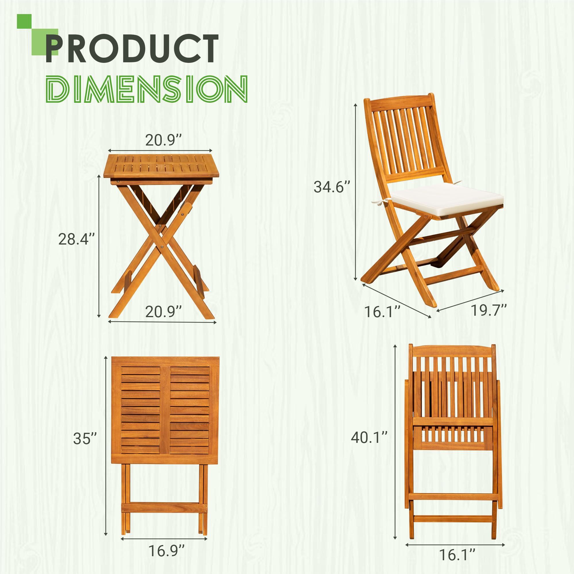 Greesum 3 Piece Patio Folding Furniture Bistro Set with 2 cushions for Pool Beach Backyard Balcony Porch Deck Garden, Acacia Wood