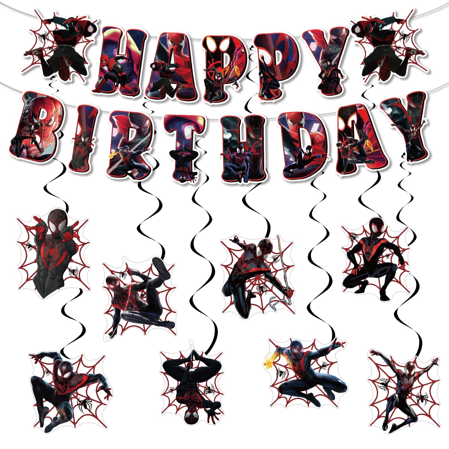 Miles Morales Birthday Decorations Cartoon Spider Party Decorations Banner and Hanging Swirls for Kid, Boys and Girls Black Spider Happy Birthday Banners