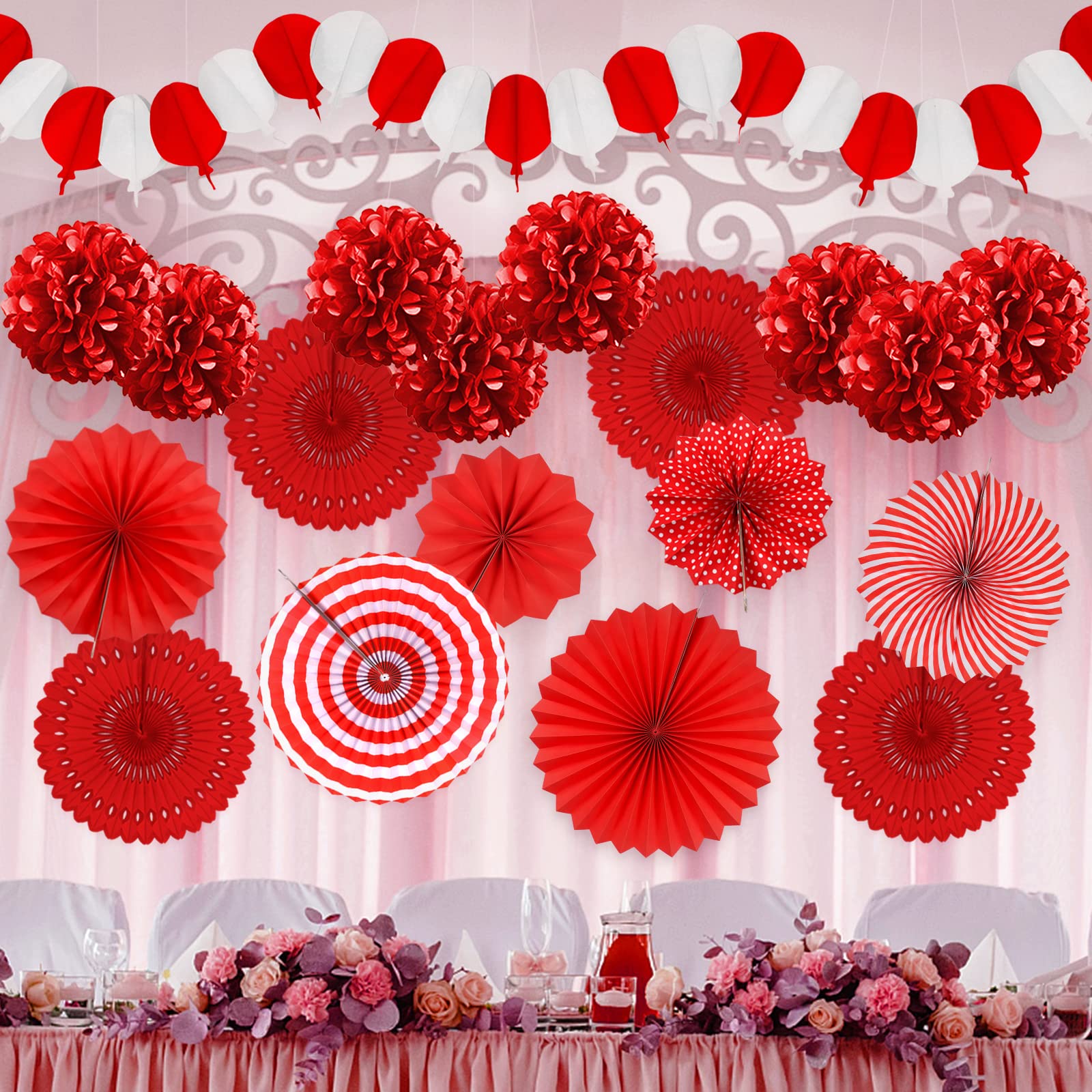 Recosis Red Party Decorations, Papar Fans Pompoms Fans Garlands for Birthday Bridal Baby Shower Wedding Graduation New Years Valentine's Day Party Decorations