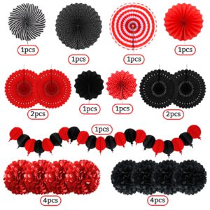 Recosis Red and Black Party Decorations, Papar Fans Pompoms Fans Garlands for Birthday Wedding Graduation Game Night Boy Girl Party Decorations