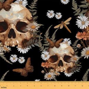 skull daisy fabric by the yard 70s retro hippie flowers decor fabric for sewing lovers wild butterfly dragonfly jungle plants fabric for diy upholstery and home accents 1 yard