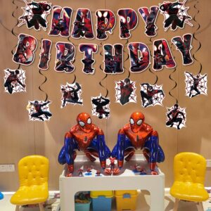 Miles Morales Birthday Decorations Cartoon Spider Party Decorations Banner and Hanging Swirls for Kid, Boys and Girls Black Spider Happy Birthday Banners