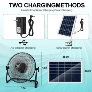 DBF Battery Operated Solar Fan, 2-in-1 Solar Panel Powered & AC Charger Powered 12 Speeds Portable Rechargeable Fan, 12'' Cordless High Velocity Floor Fan For Household, Camping, Travel, Outdoor