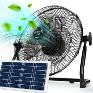 dbf battery operated solar fan, 2-in-1 solar panel powered & ac charger powered 12 speeds portable rechargeable fan, 12'' cordless high velocity floor fan for household, camping, travel, outdoor