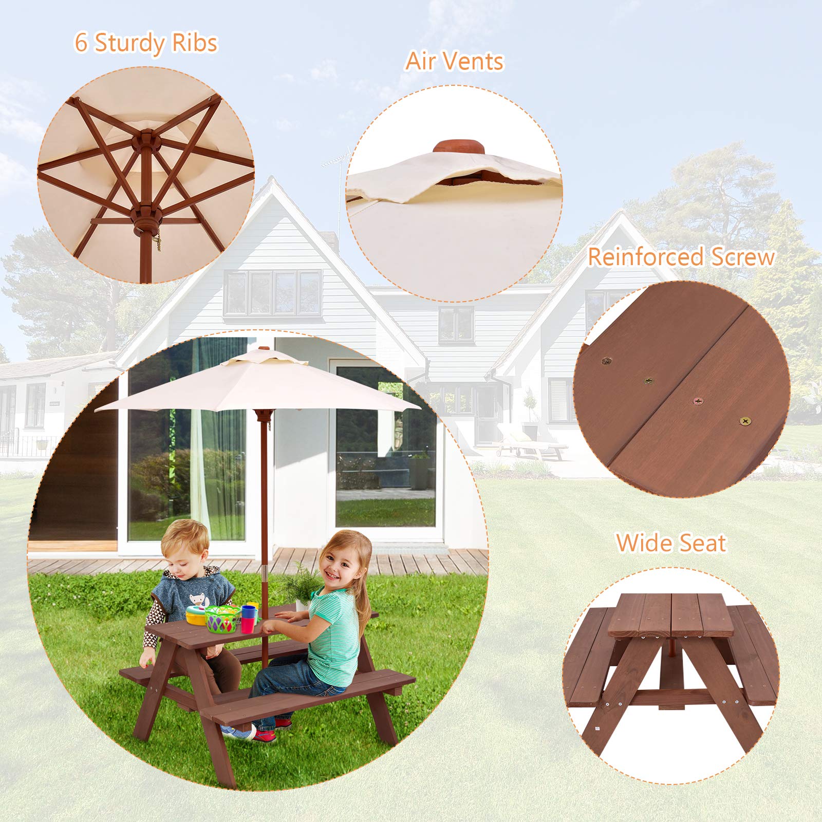 BETTARY Kids Picnic Table, Wooden Toddler Activity Table with Removable Umbrella, Children Backyard Furniture for Patio, Garden, Gift for Girls & Boys, Kids Table and Bench Set for Outdoors Indoors