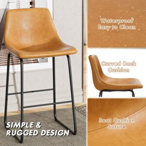 Shahoo 29 inch Industrial Bar Stools Set of 2, Faux Leather Dining Chairs with Metal Legs and Footrest, Counter Height Barstools with Back for High Table Kitchen Island, Light Brown