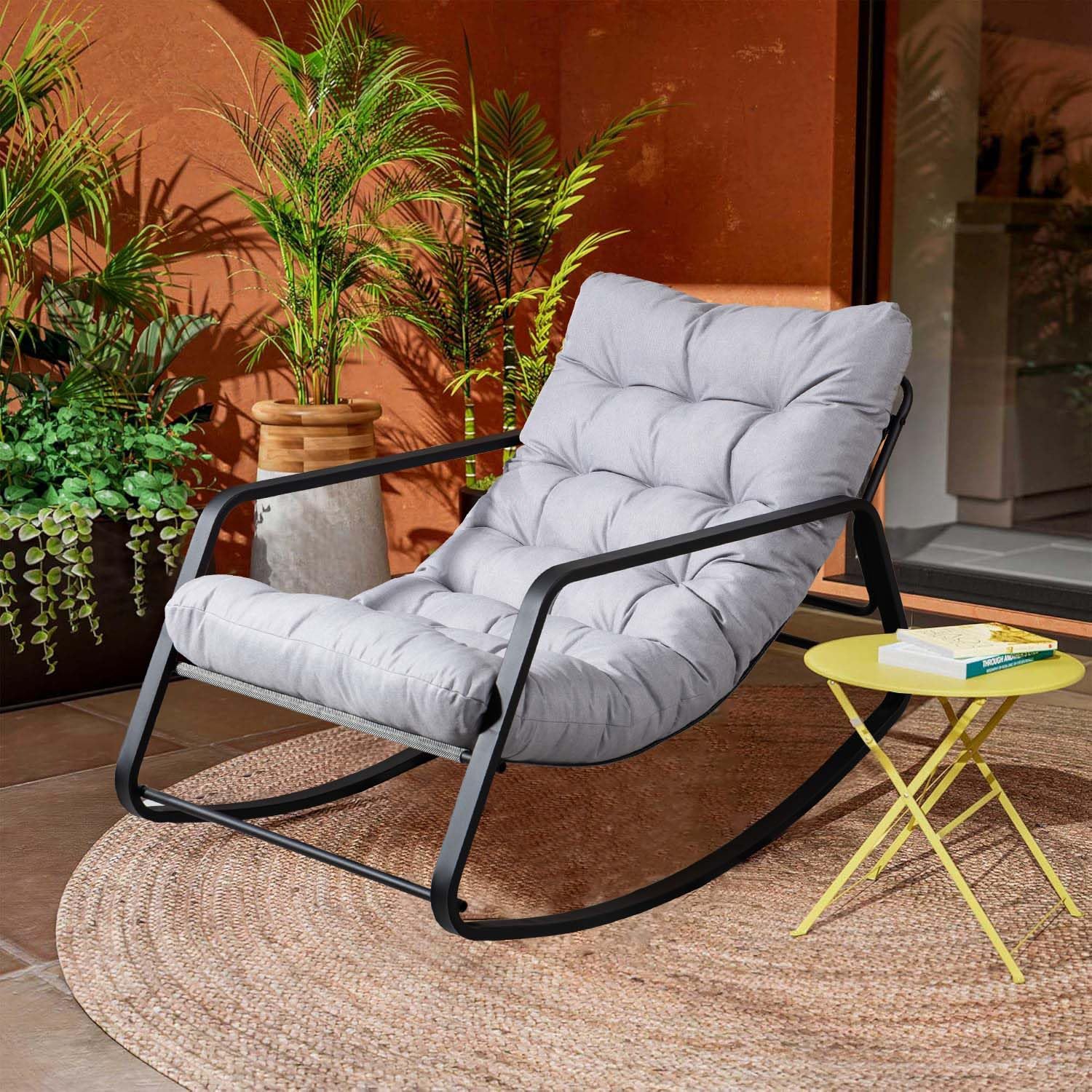 WQSLHX Oversized Patio Rocking Chair with Cushion, Indoor Metal Lounge Rocker Chair, Outdoor Lazy Chair for Front Porch, Garden, Backyard, Lawn, Gray