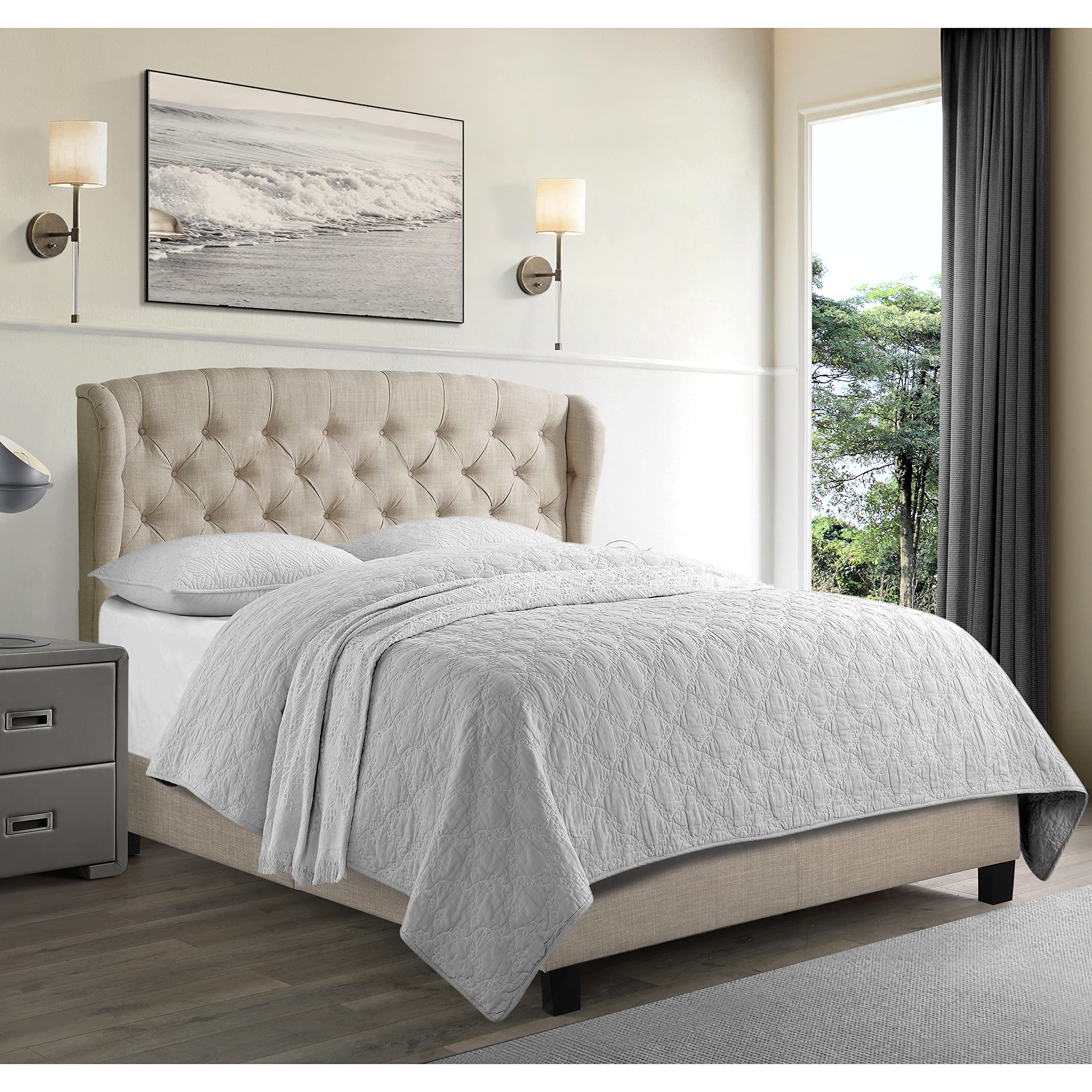 Rosevera Issac Bed with Signature Design Adjustable Headboard and Button Tufting Bed Frame,Queen,Classic Beige