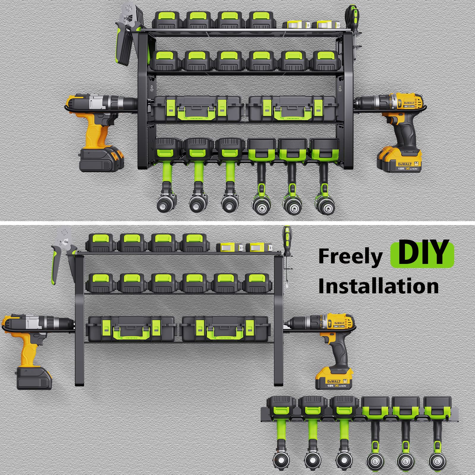 Kayfia Power Tool Organizer-10 Drill Holders Wall Mount Removable Design Cordless Drill 4 Layer Heavy Duty Tool Organizers Storage Garage Utility Racks with Screwdriver/Plier Holder