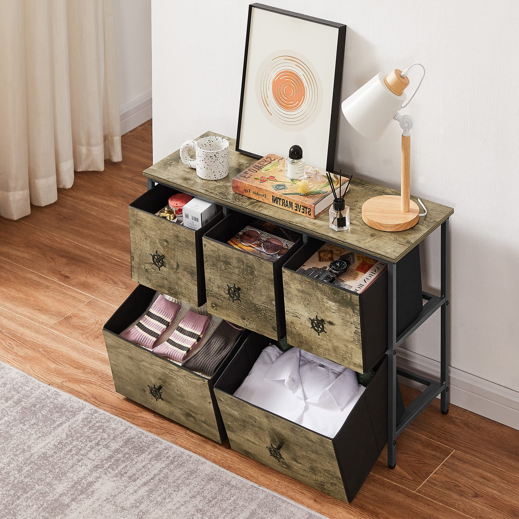 VECELO Dresser for Bedroom with 5 Drawers, Wide Chest of Drawers for Living Room, Nursery, Entryway, Fabric Furniture Clothes Storage Tower with Steel, Wood Top