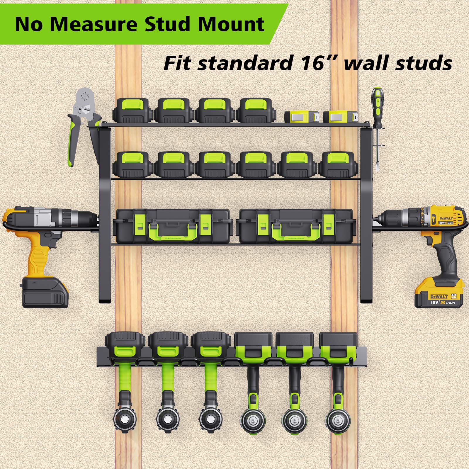 Kayfia Power Tool Organizer-10 Drill Holders Wall Mount Removable Design Cordless Drill 4 Layer Heavy Duty Tool Organizers Storage Garage Utility Racks with Screwdriver/Plier Holder