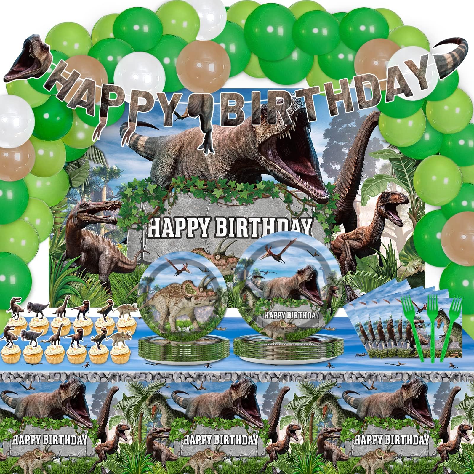 189 Pcs Dinosaur Tableware Tablecloth Party Supplies Set for 24 Guests Dinosaur Birthday Party Decoration Kit Includes Plates Backdrop Banners Cake Topper Dino Baby Shower Kids Party Favors