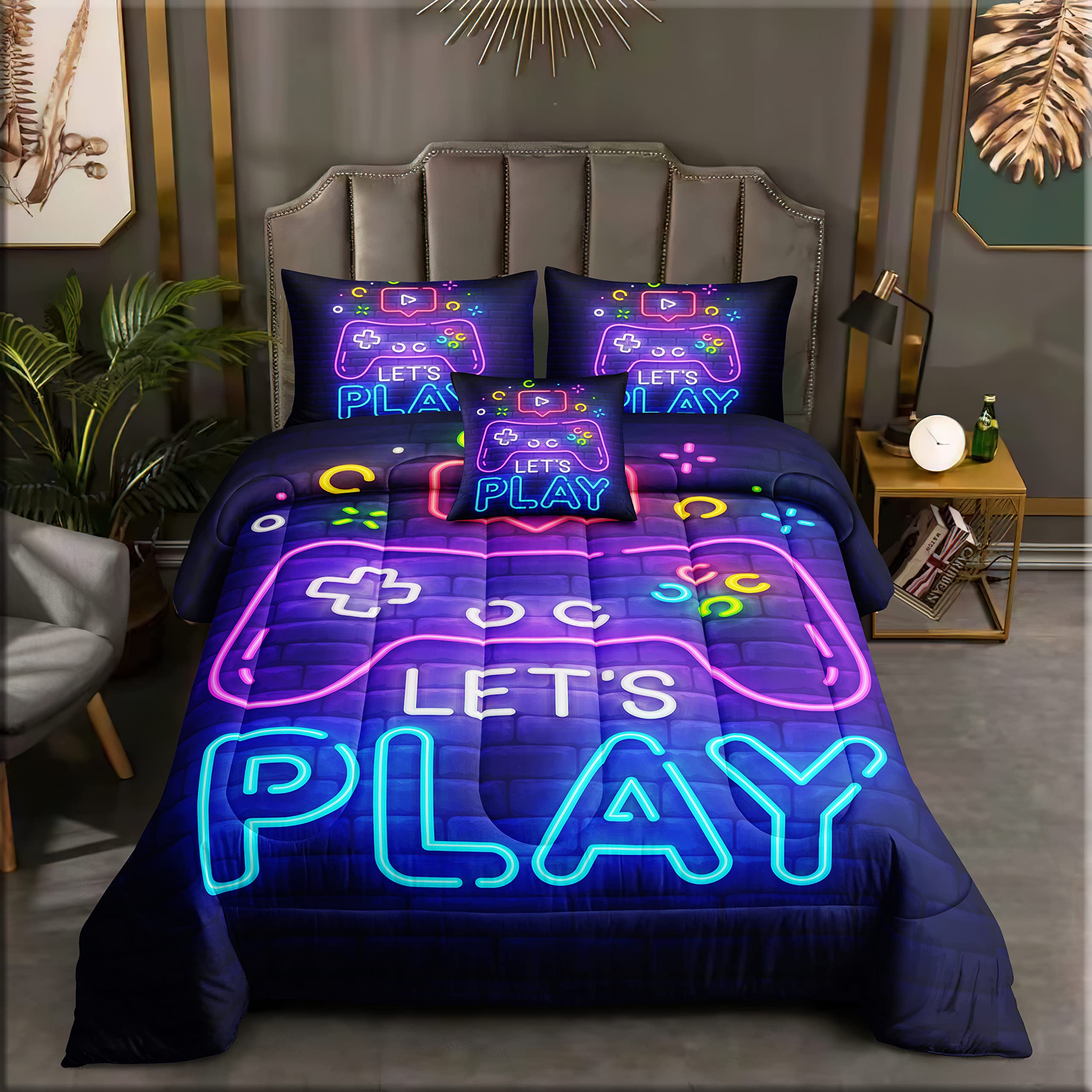 ROWADALO 6 Pieces Gamer Bedding Set for Boys Gaming Comforter Queen Size, Game Controller Comforter for Teen 3D Gamepad Microfiber 6 Piece Bed in A Bag Kids Bedding Sets with Sheets,DJT H5030 Queen