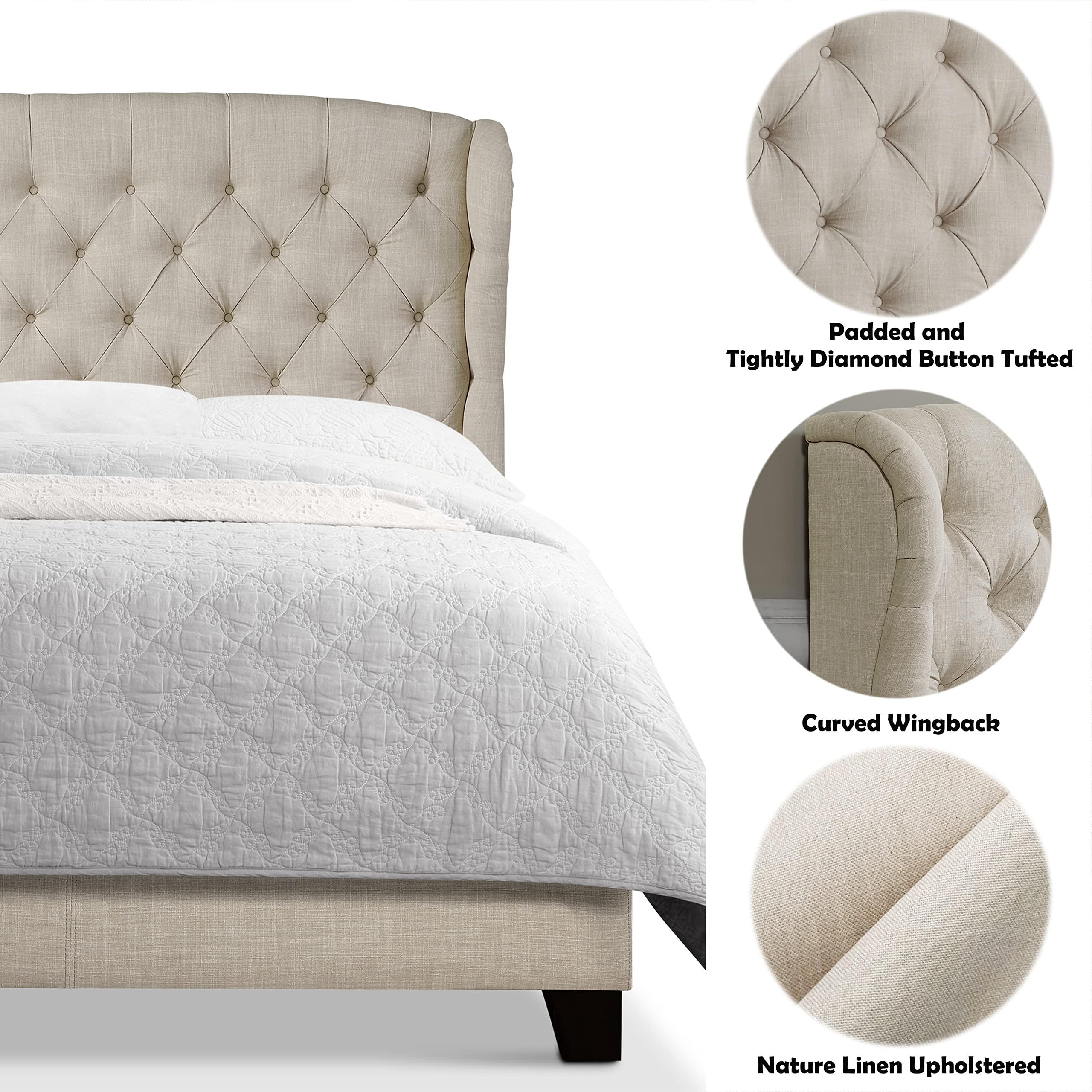 Rosevera Issac Bed with Signature Design Adjustable Headboard and Button Tufting Bed Frame,Queen,Classic Beige