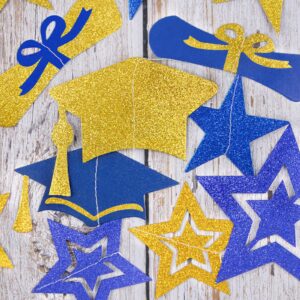 8-Pack 2024 Graduation Party Decorations - Blue Gold Glitter Backdrop with Cap, Diploma & Star Garland Banner Hanging Decor - Perfect for High School, College, and Middle School Graduation Parties