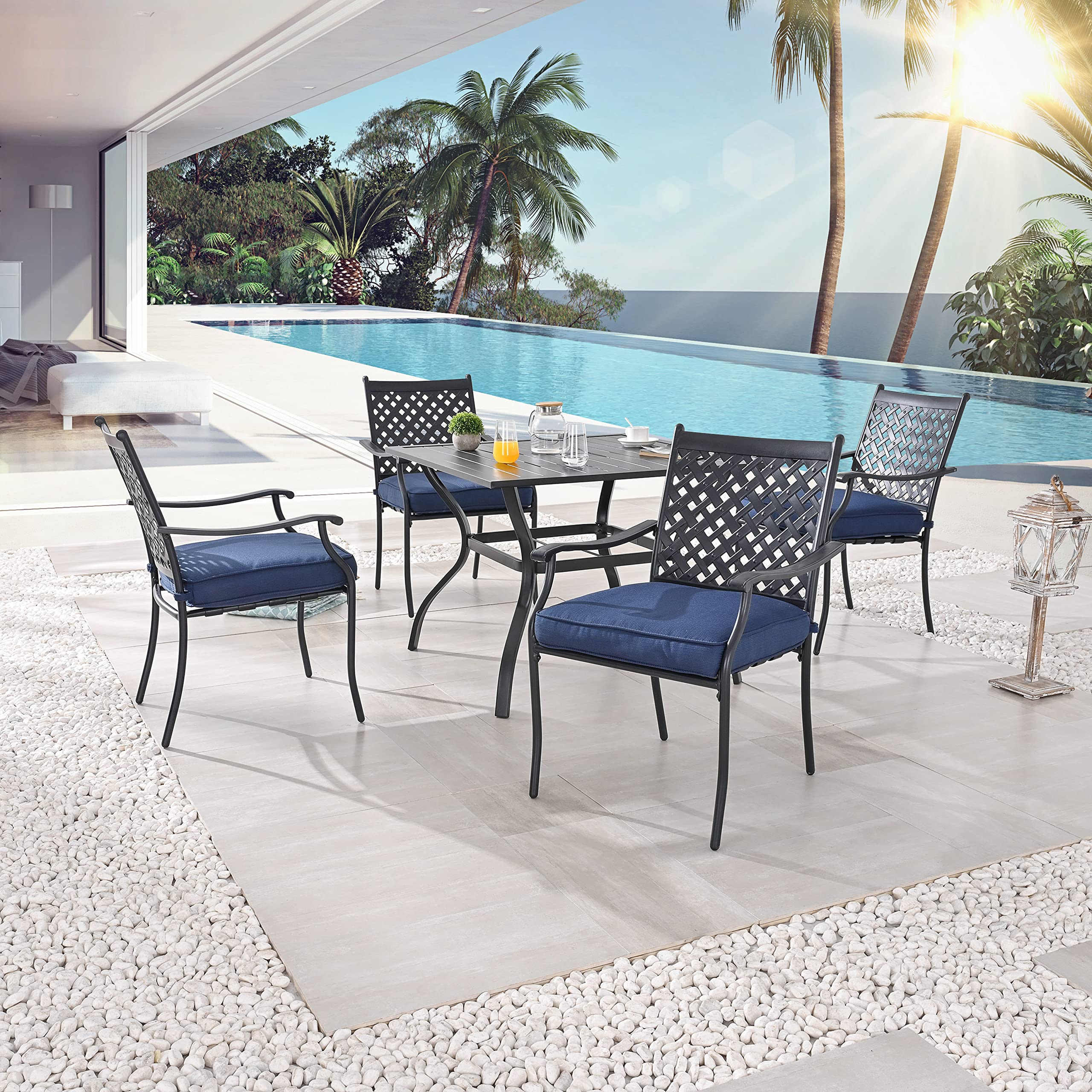 LOKATSE HOME 8 Piece Outdoor Patio Dining Chair Set Metal Furniture with Arms and Seat Cushions, Blue