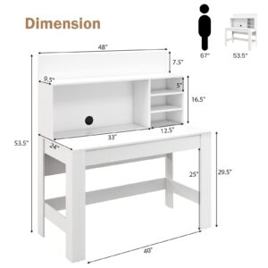 Tangkula White Desk with Hutch, Home Office Desk with Bookshelf, Writing Study Desk with Anti-Toppling Device & Cable Hole, Modern Computer Workstation PC Laptop Desk for Small Space, Bedroom