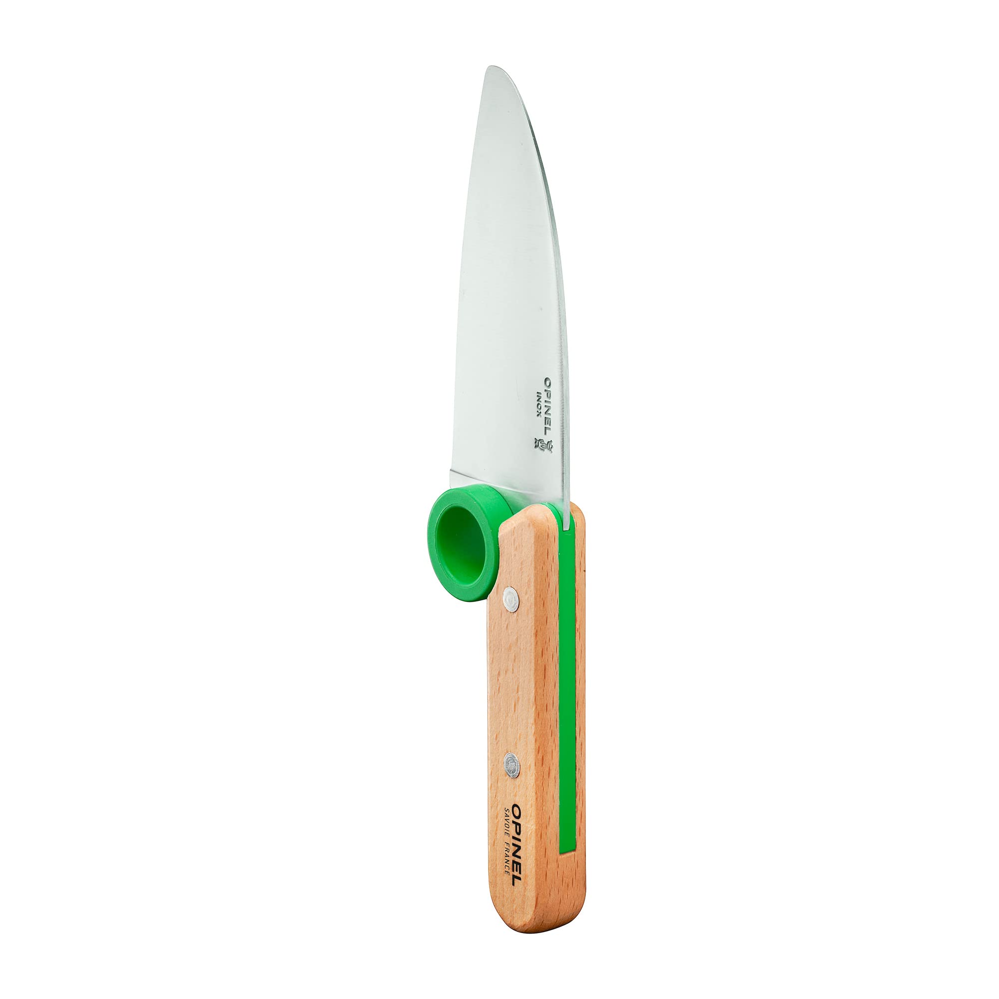 OPINEL Le Petit Chef Complete 3 Piece Kitchen Set, Chef Knife with Rounded Tip, Fingers Guard, Peeler, For Children and Teaching Food Prep and Kitchen Safety, Made in France (GREEN)