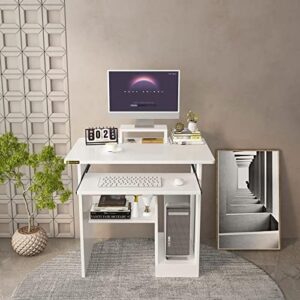 YQ JENMW 29in Computer Desk with Monitor Stand and Keyboard Tray for Small Space, Wood PC Laptop for Bedroom, Writing Table with Shelves for Kids, White