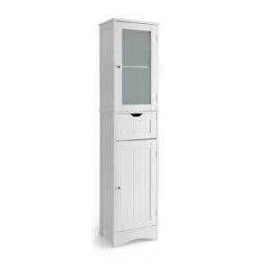 tangkula 67" tall bathroom storage cabinet, slim freestanding tower w/ 2 doors & 1 drawer, narrow floor cabinet w/adjustable shelves & tempered glass door for bathroom living room (white)