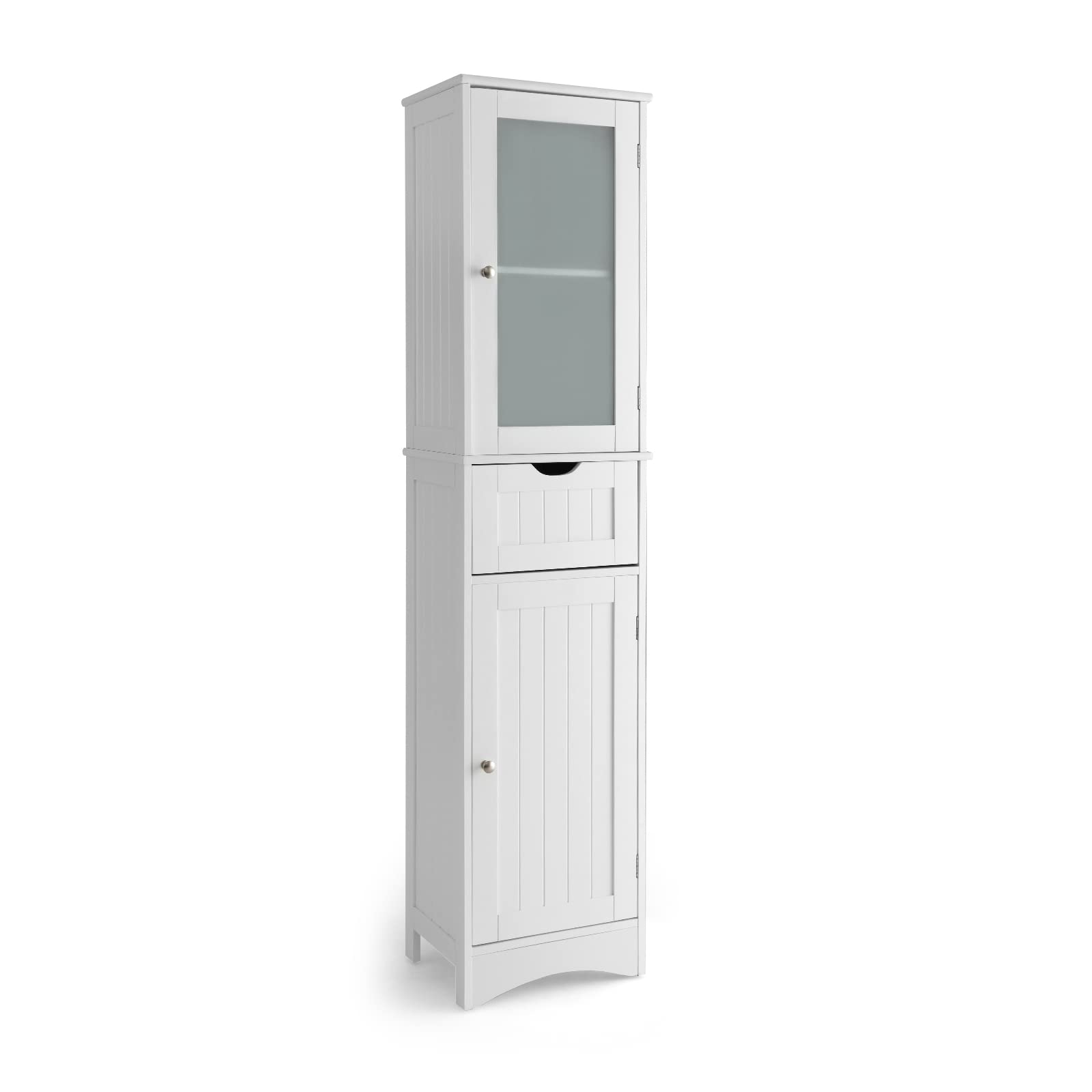 Tangkula 67" Tall Bathroom Storage Cabinet, Slim Freestanding Tower w/ 2 Doors & 1 Drawer, Narrow Floor Cabinet w/Adjustable Shelves & Tempered Glass Door for Bathroom Living Room (White)